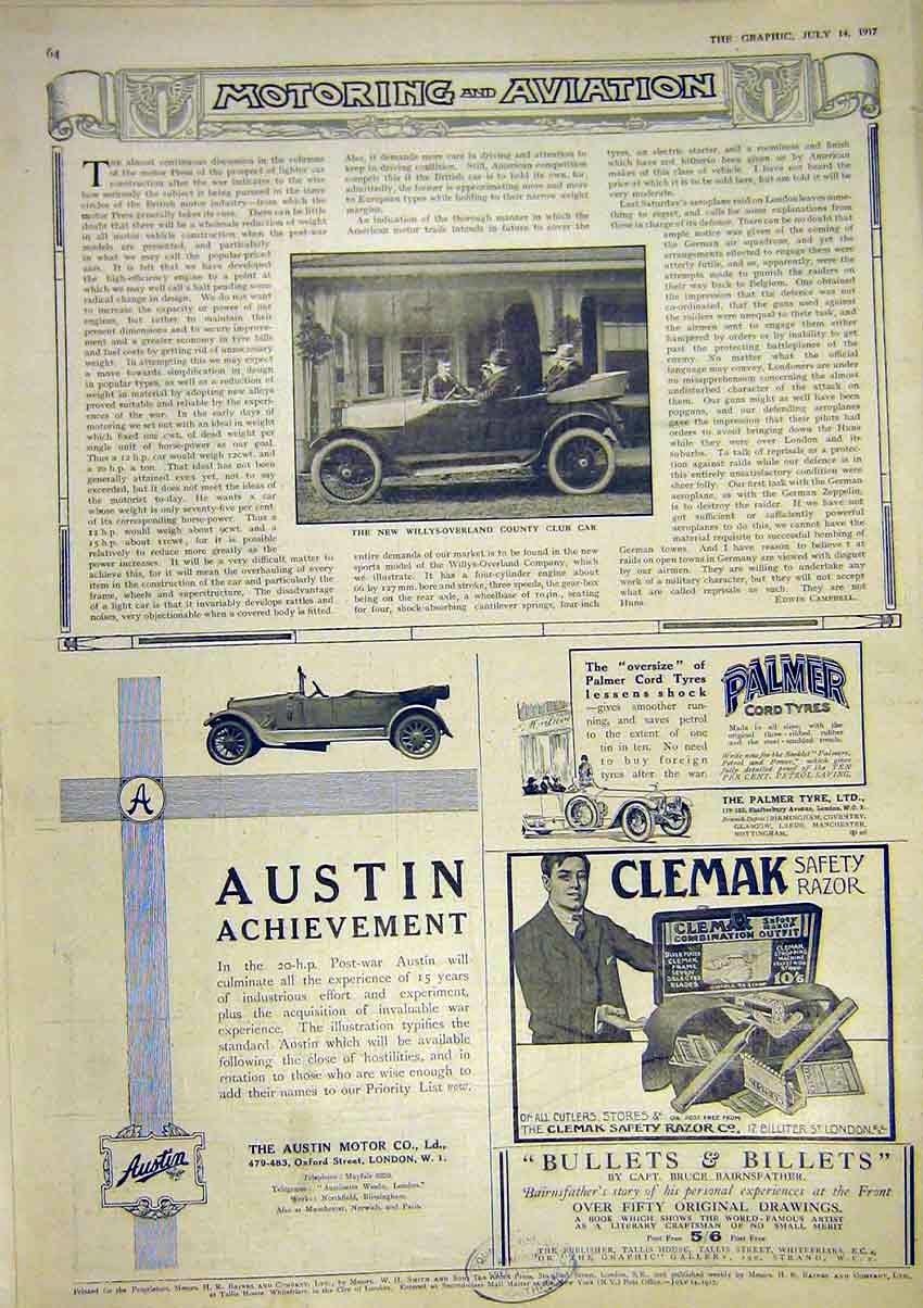Original Old Vintage Print Motor Car Willys-Overland Austin Advert Clemak 1917