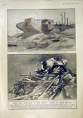 Original Old Vintage Print Tank Trench German Machine-Gun King Visit 1917 20th