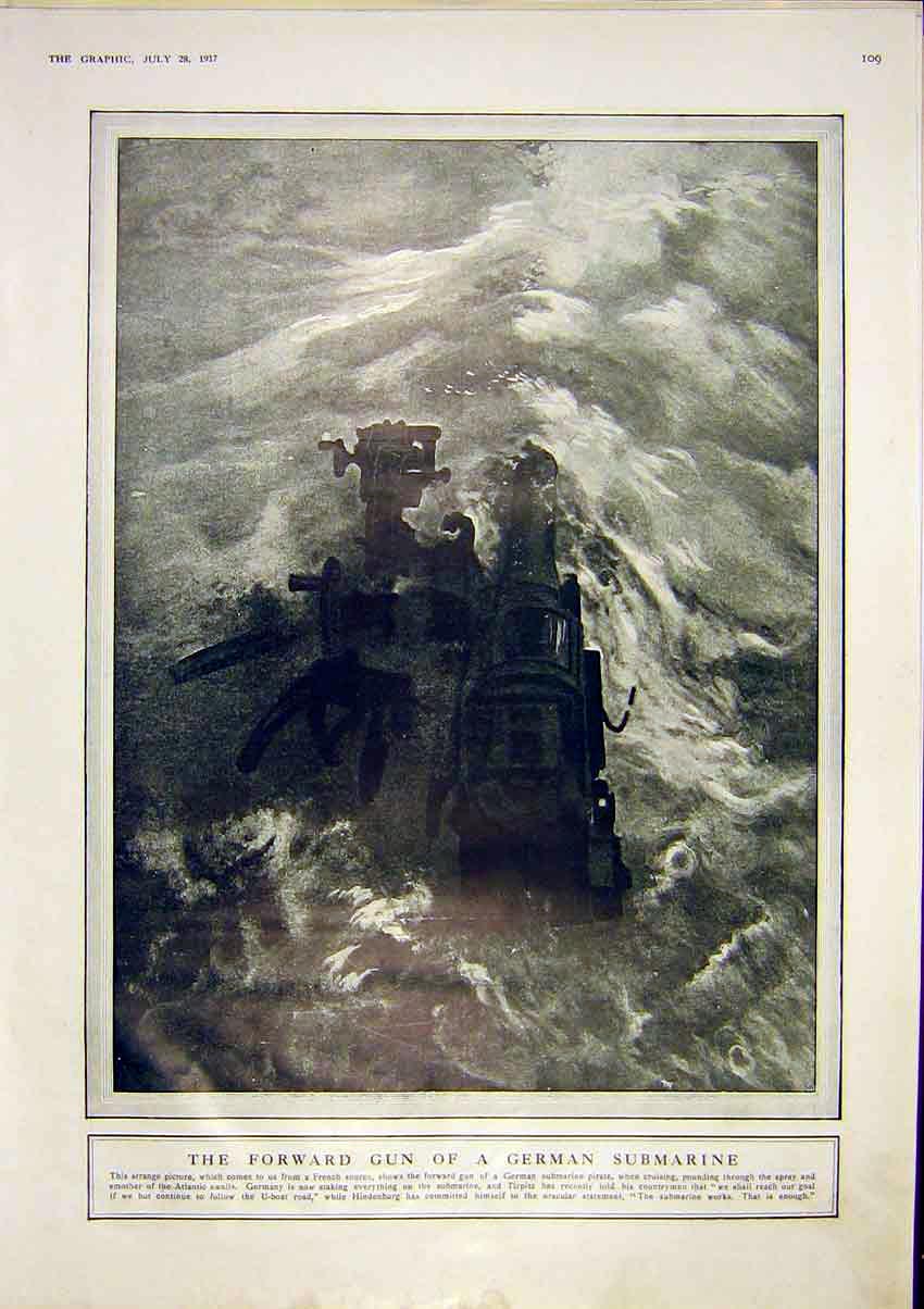 Old Vintage Print German Submarine Gun Battle Swiss Army Engineers 1917 20th