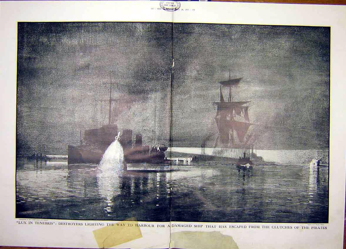 Original Old Vintage Print Pirates Harbour Ship Tenebris Navy War 1917 20th