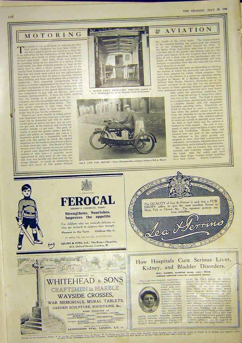 Old Vintage Print Motor Field Operating Theatre B.S.A. Bicycle Milk 1917 20th