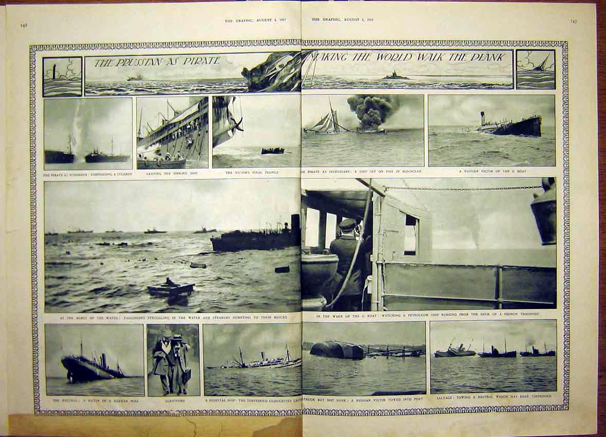Old Antique Print Kultur Sullivan U-Boat Victims War Prussia Pirate Hun