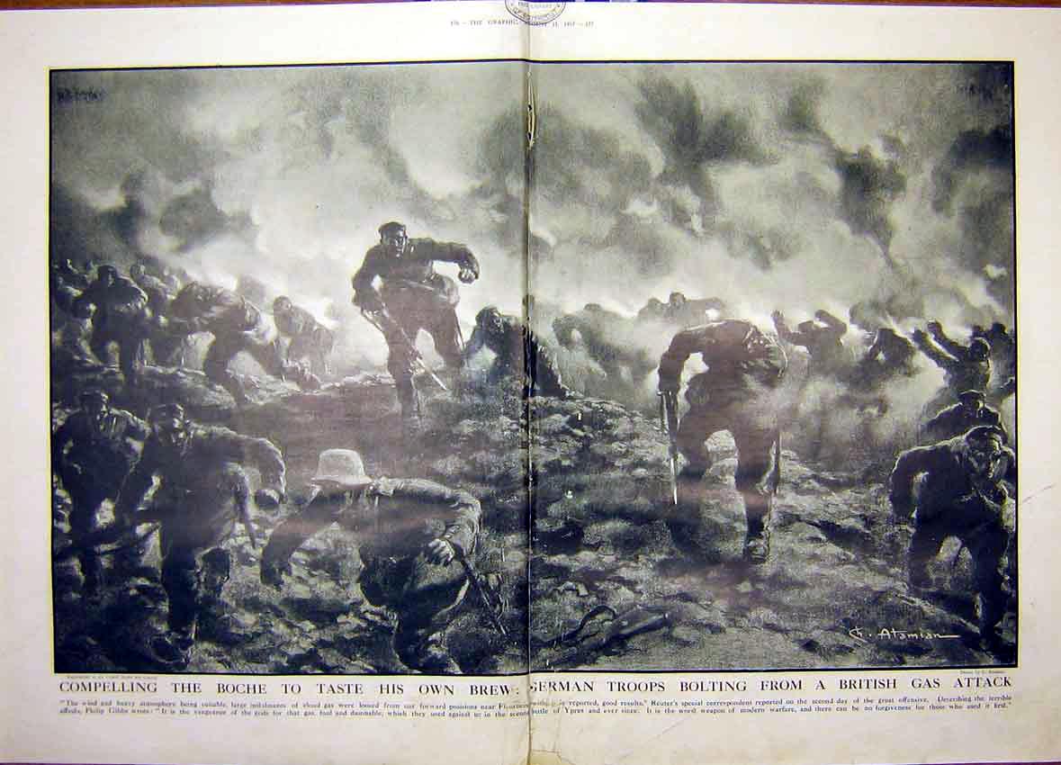 Old Vintage Print Boche German Troops British Gas Attack War Battle 1917 20th
