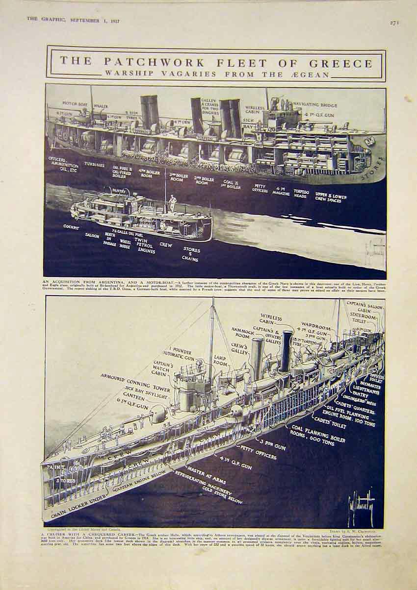 Original Old Vintage Print Fleet Greece Warship Aegean Motor-Boat Navy 1917 20th