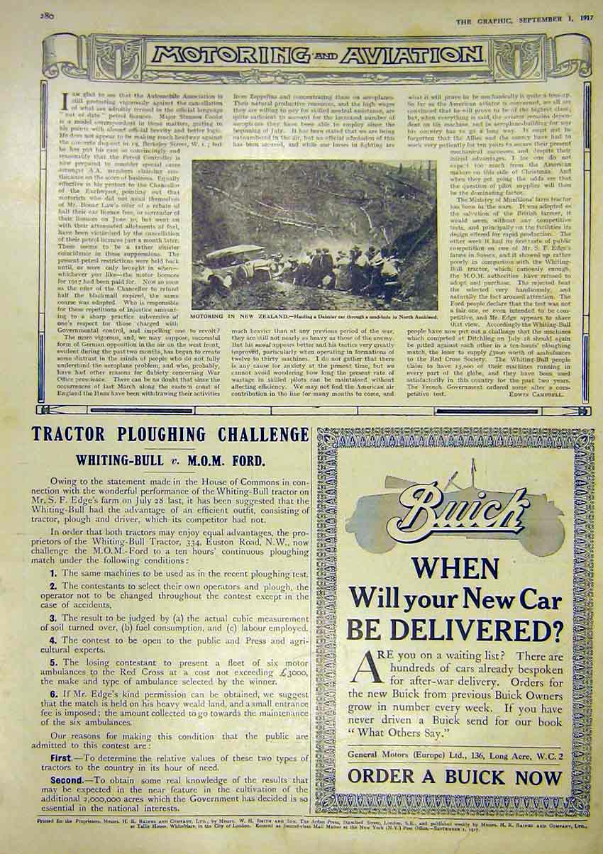 Original Old Vintage Print Motor New Zealand Daimler Auckland Advert Buick 1917