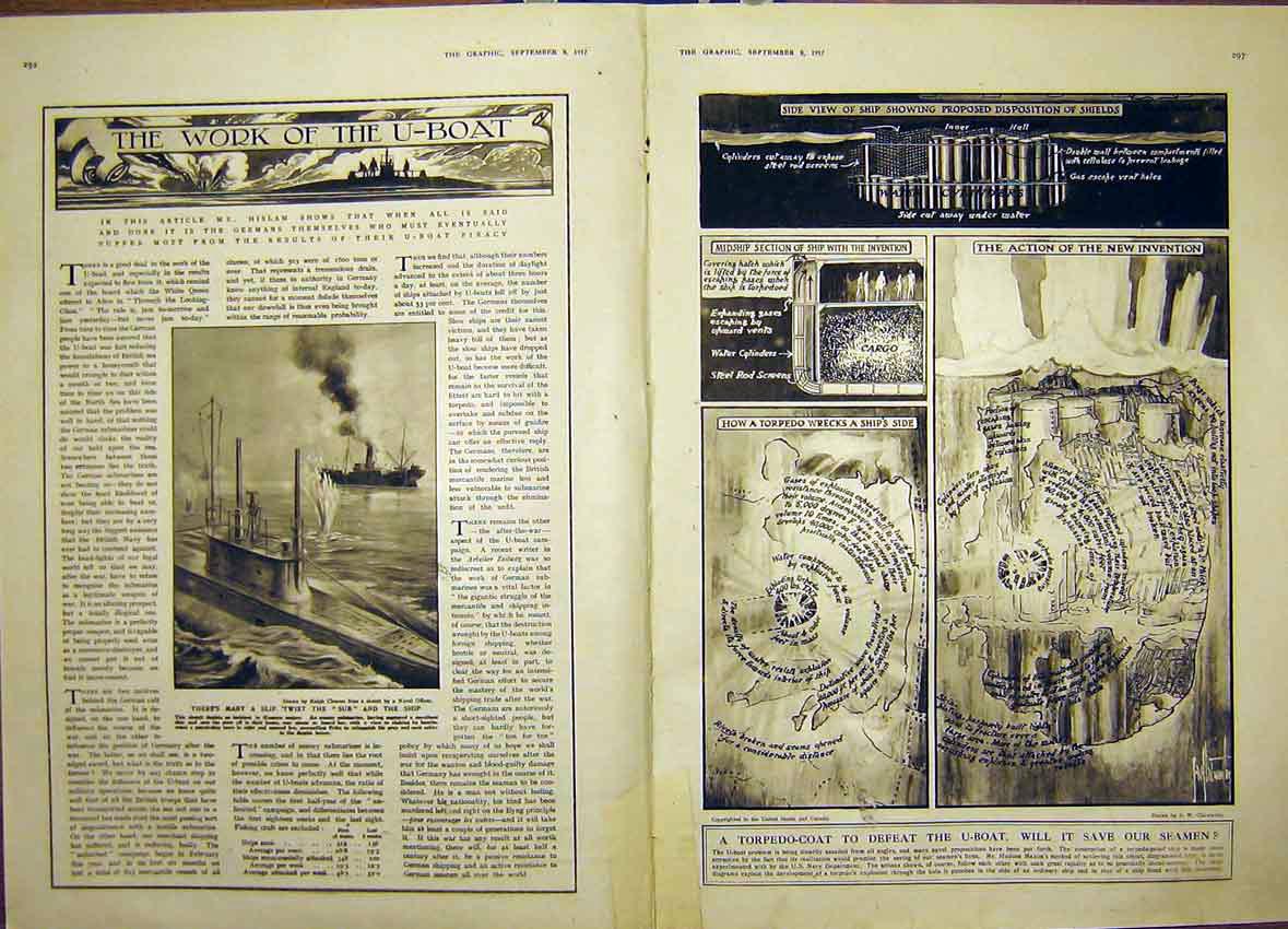 Old Vintage Print War Water Submarine U-Boat Sketch Torpedo Warfare 1917 20th