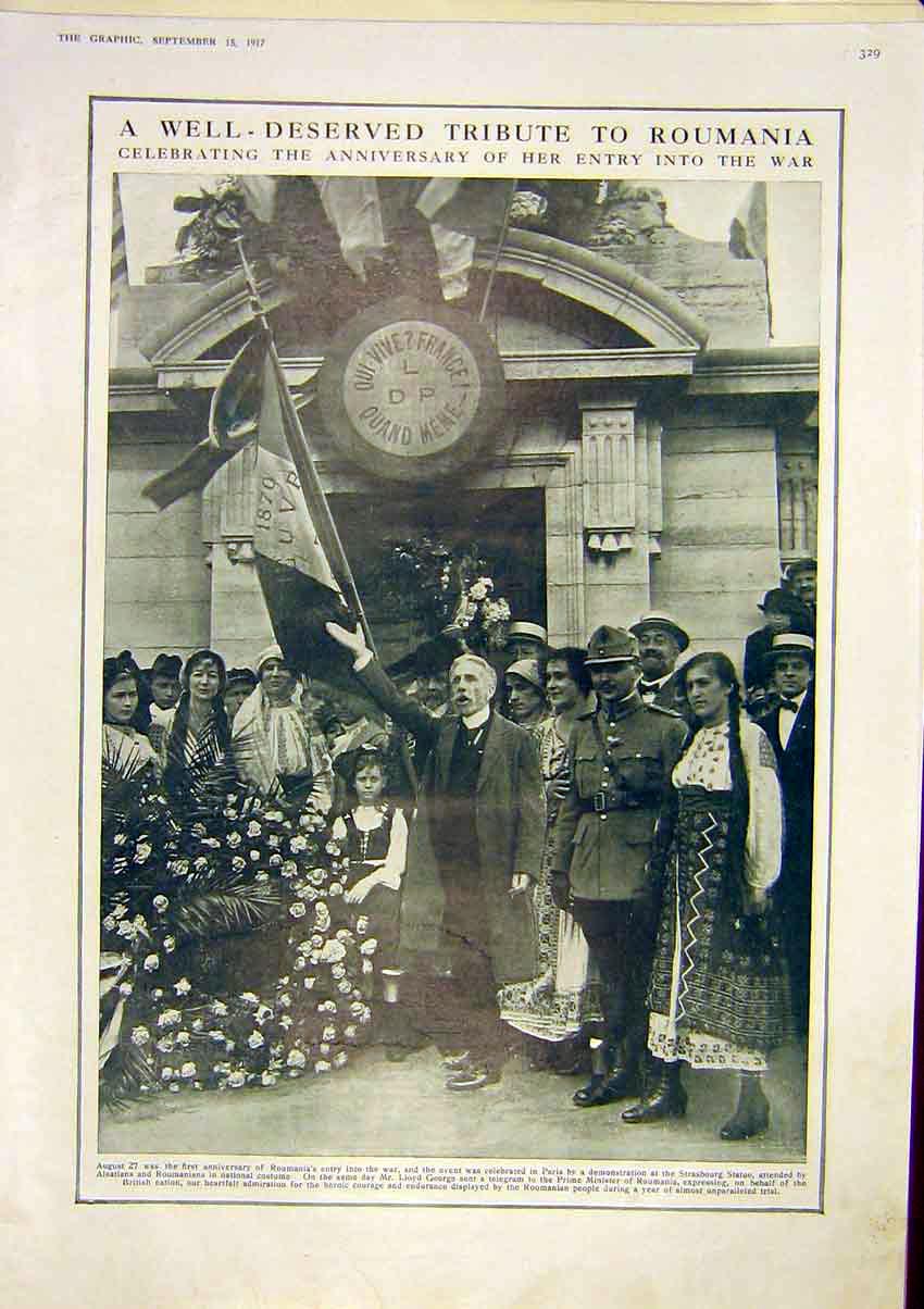 Original Old Vintage Print Roumania Tribute Paris Strasbourg War 1917 20th