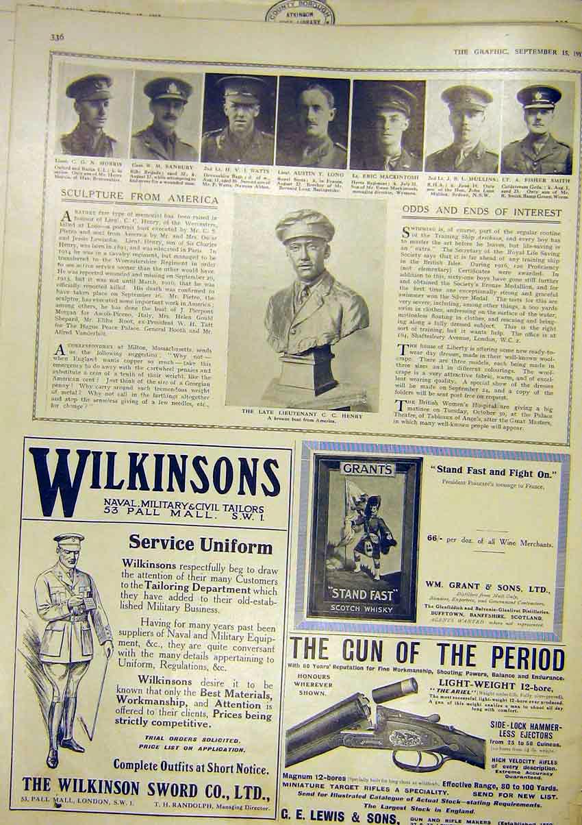 Original Old Antique Print Sculpture America Henry Worcesters Portrait Officers