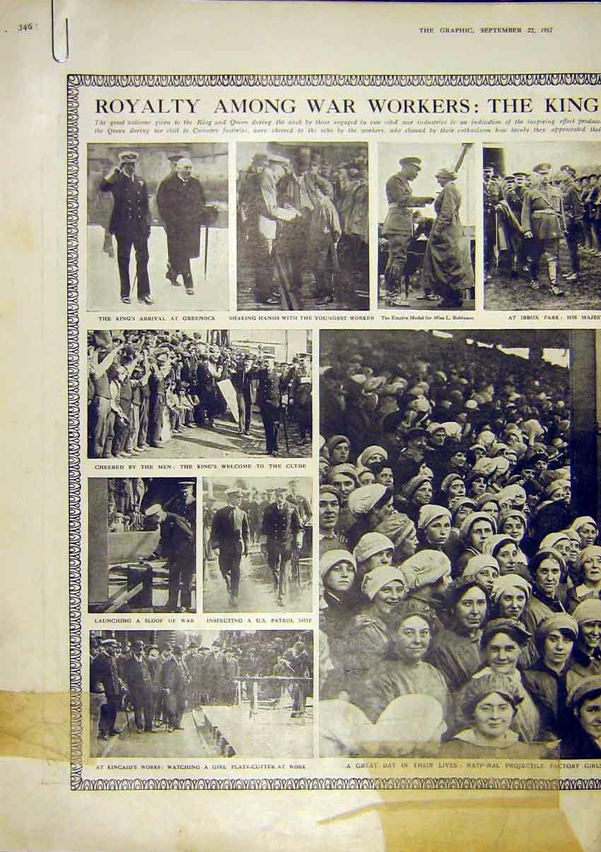 Original Old Vintage Print Royalty War Workers King Clydeside Coventry 1917