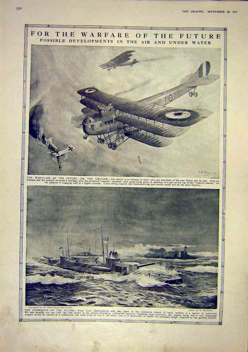 Old Vintage Print Warfare Plane Air-Tank Submarine Battle Highlander 1917 20th