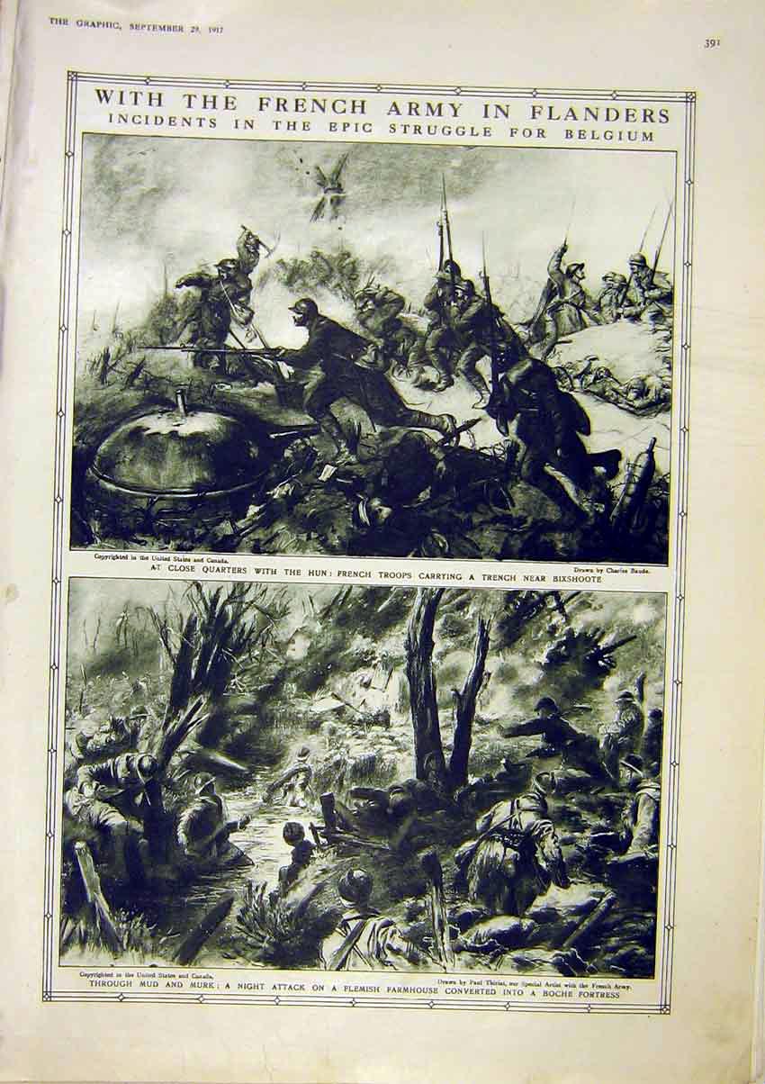Original Old Vintage Print French Army Flanders Belgium Bixshoote Boche War 1917