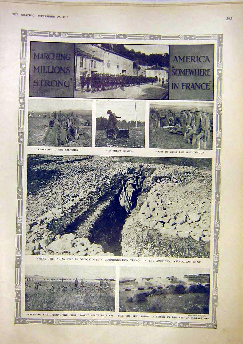 Original Old Vintage Print War Trench American Instruction Camp Troops 1917 20th