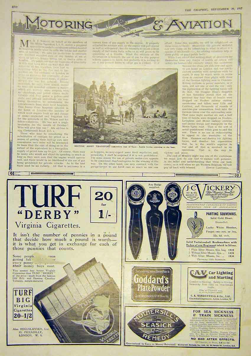 Original Old Vintage Print Motor British Army Transport Sues Austin Advert 1917