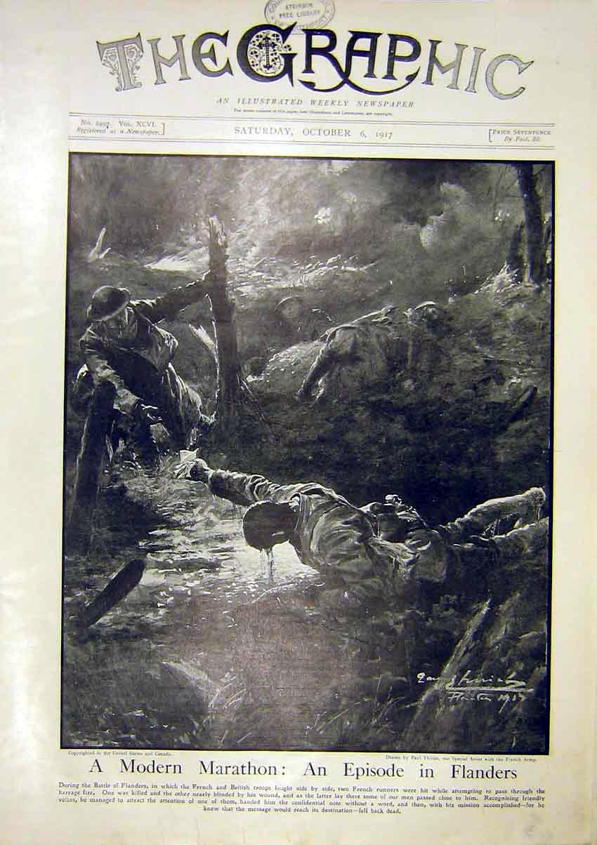 Original Old Vintage Print Falnders Marathon Battle British Troops French 1917