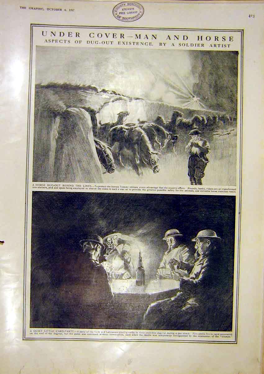 Original Old Antique Print Man Horse Dug-Out Sier Sketches Trench Card-Party