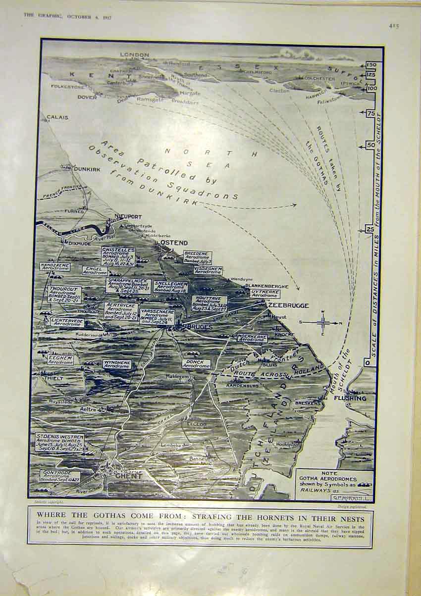 Original Old Vintage Print Gotha Map Morrell Royal Naval Air Arras Rheims 1917