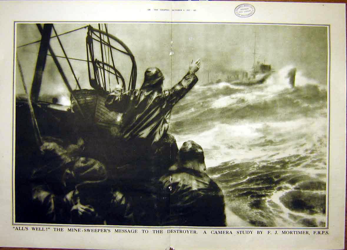 Original Old Vintage Print Mine-Sweepers Destroyer Camera Study Mortimer 1917