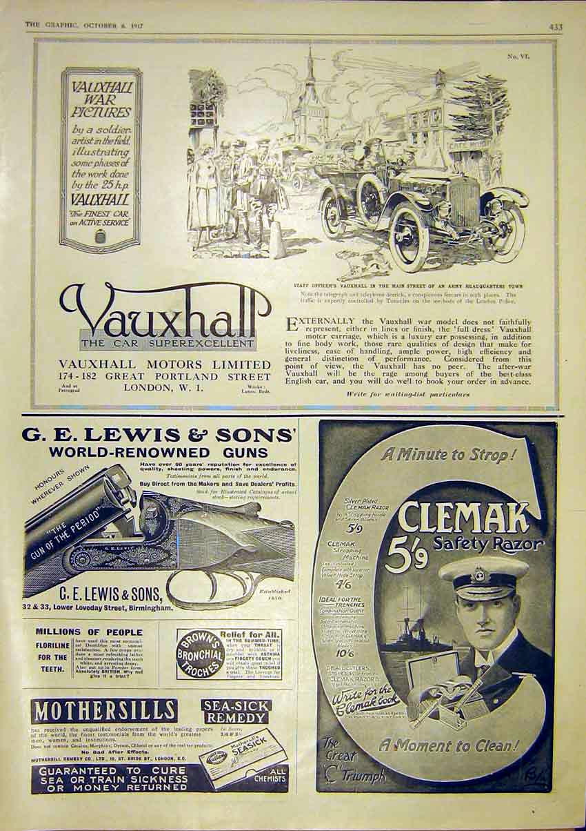Old Vintage Print Vauxhall Advert Officers Motor Lewis Advert Clemak 1917 20th