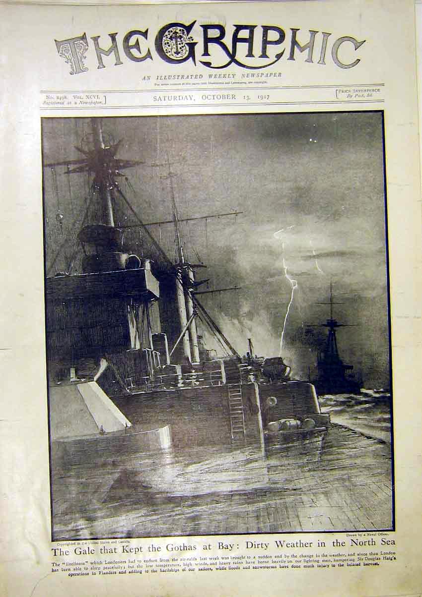 Original Old Vintage Print Gotha North Sea Weather Ships Navy 1917 20th Century