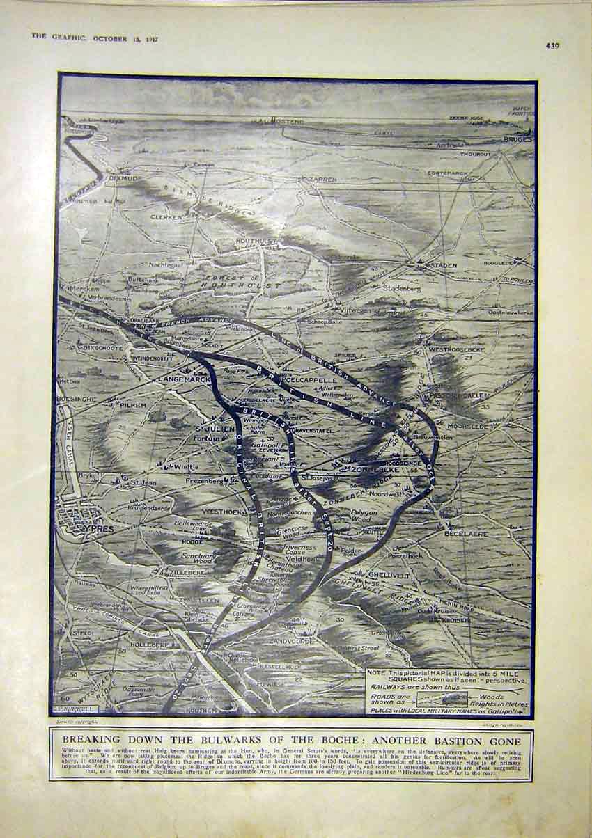 Original Old Vintage Print Boche Bulwark Morrell Map War British Line 1917 20th