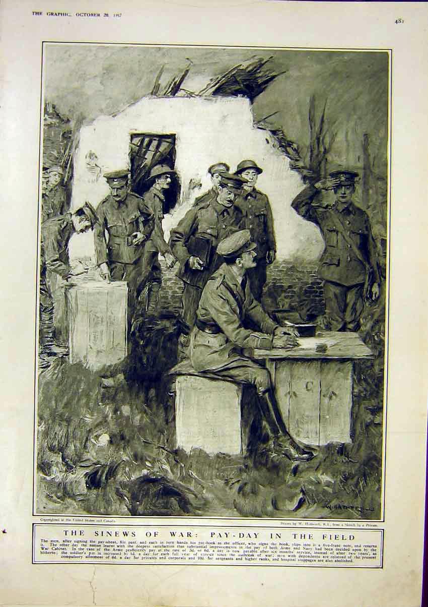Original Old Vintage Print Pay-Day Field War Troops Siers Officer 1917 20th