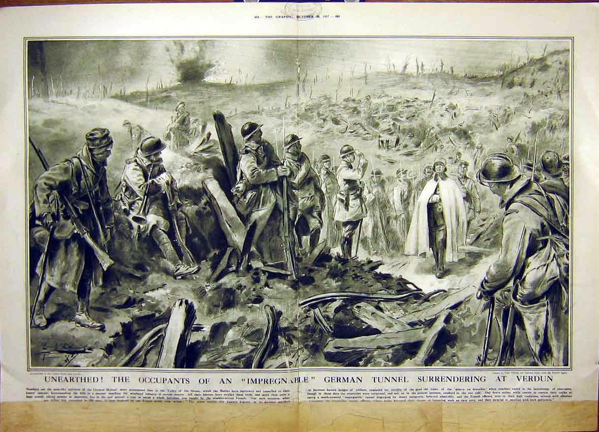 Original Old Vintage Print German Tunnel Verdun War Battle Surrender 1917 20th