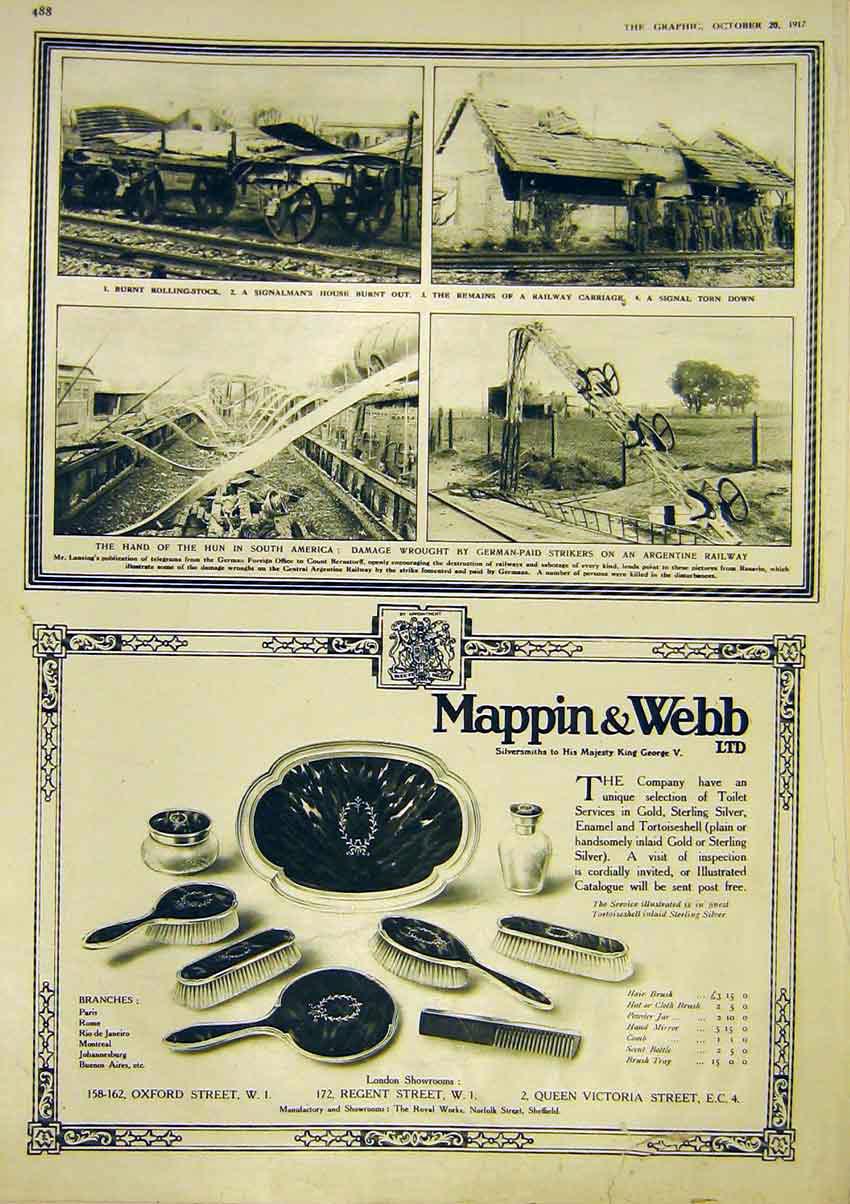 Original Old Vintage Print America Argentine Railway German Striker Mappin 1917