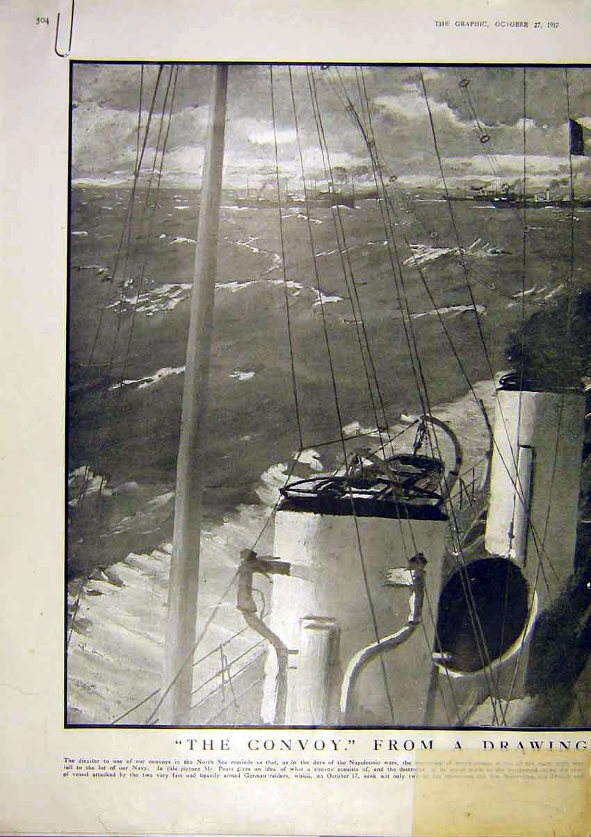 Original Old Vintage Print Convoy Pears Navy Ships Naval North Sea War 1917