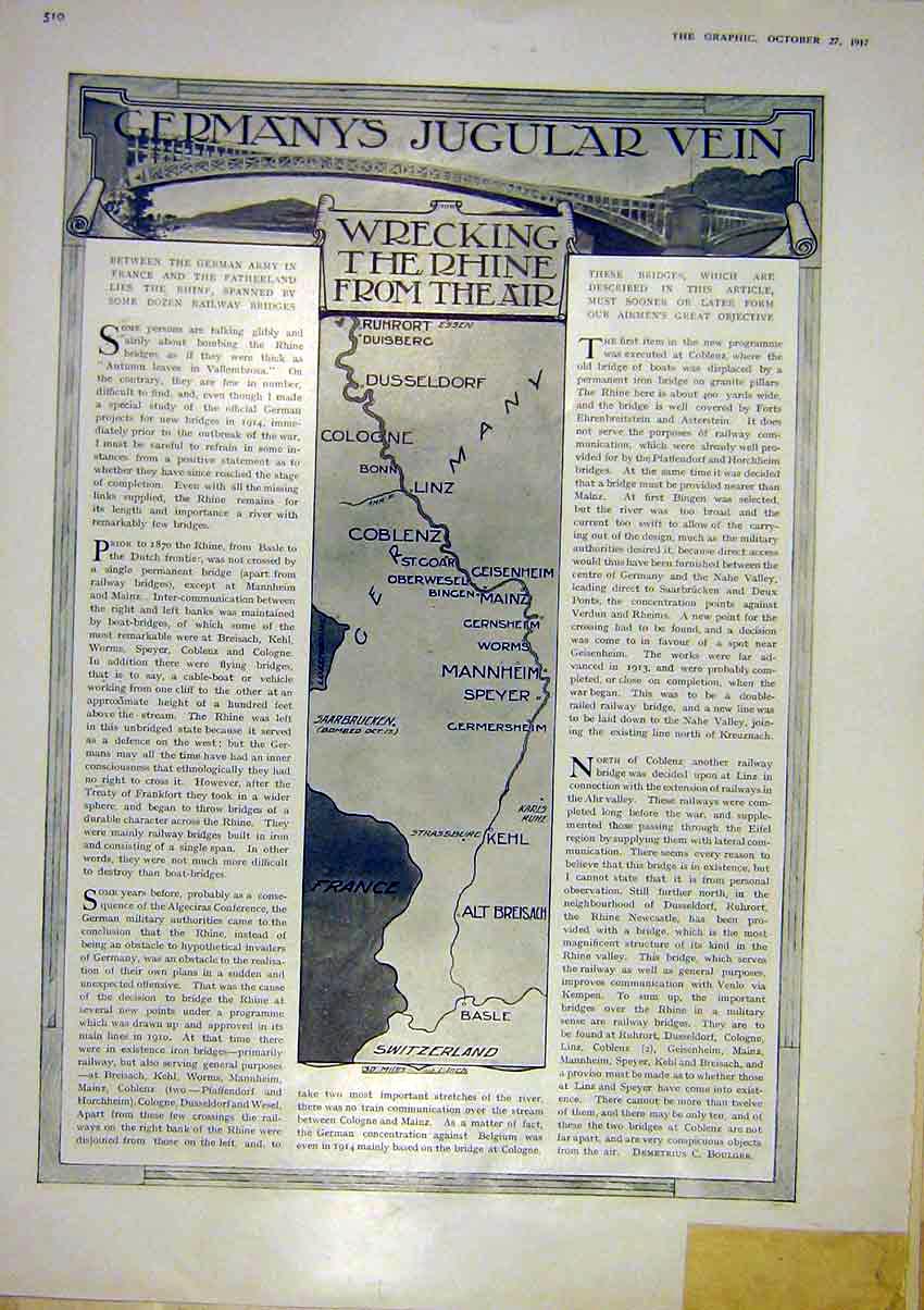 Original Old Vintage Print Germany Rhine Map Air Bomb Goths Raid Sketch 1917