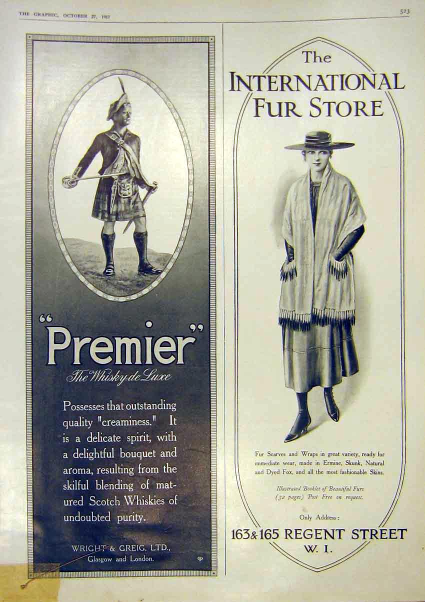 Original Old Antique Print Advert Premier Whisky Wright International Fur Store