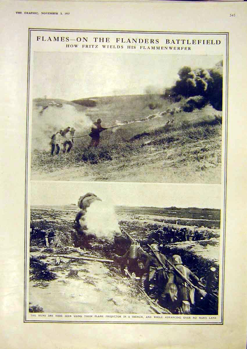 Old Vintage Print Flanders Battlefield Flammenwerfer Flame Projector 1917 20th
