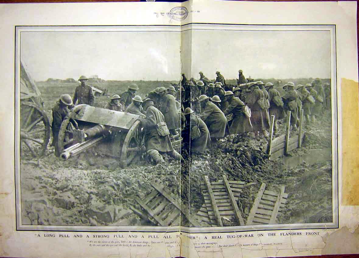 Original Old Vintage Print Tug-Of-War Flanders Front Battle Cannon Gun 1917
