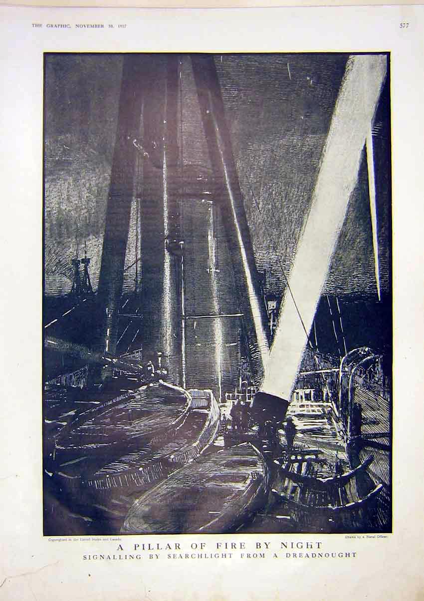 Original Old Vintage Print Searchlight Dreadnought Signal Pillar War Navy 1917