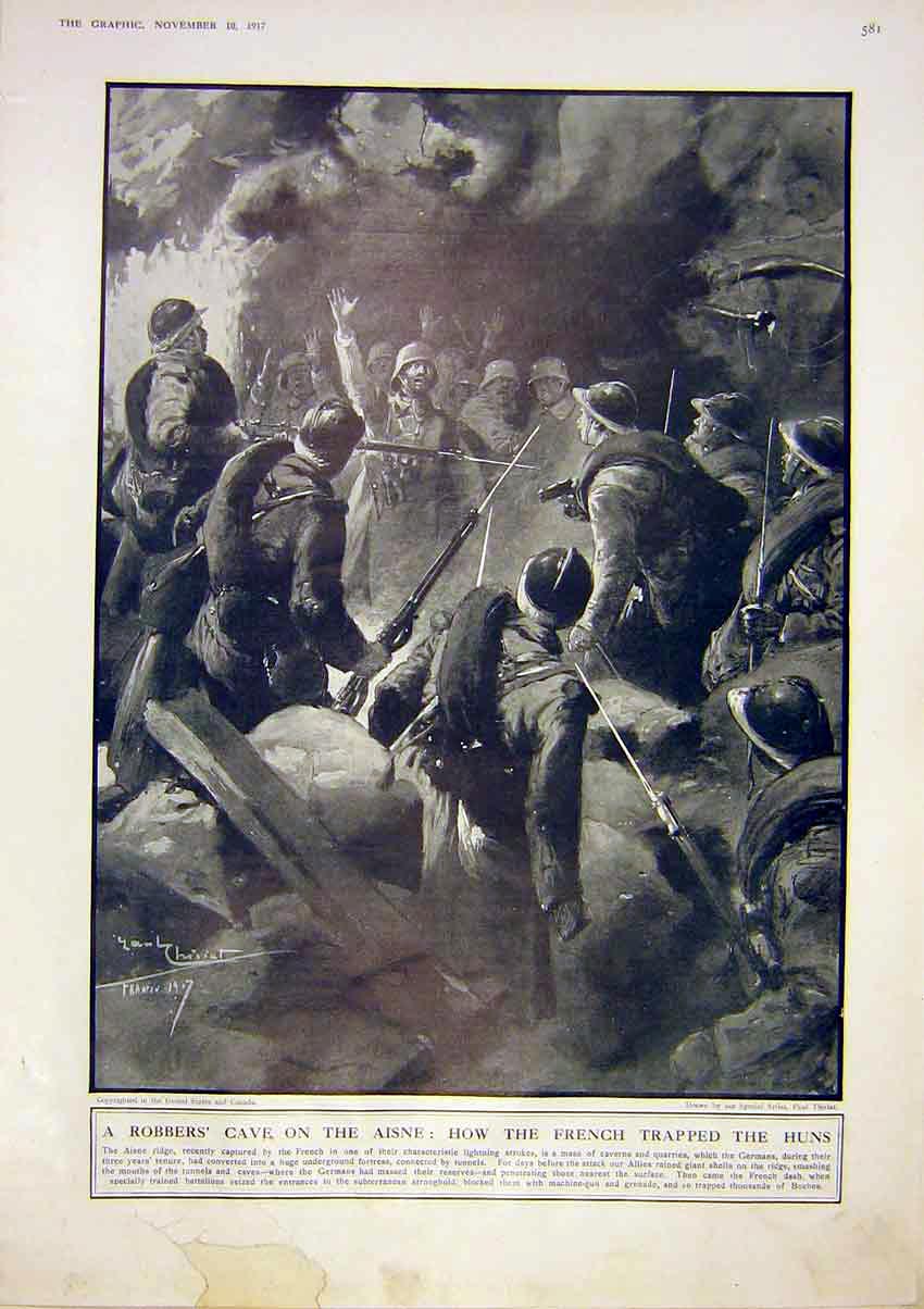 Original Old Vintage Print Robbers Cave Aisne French Huns Troops War 1917 20th