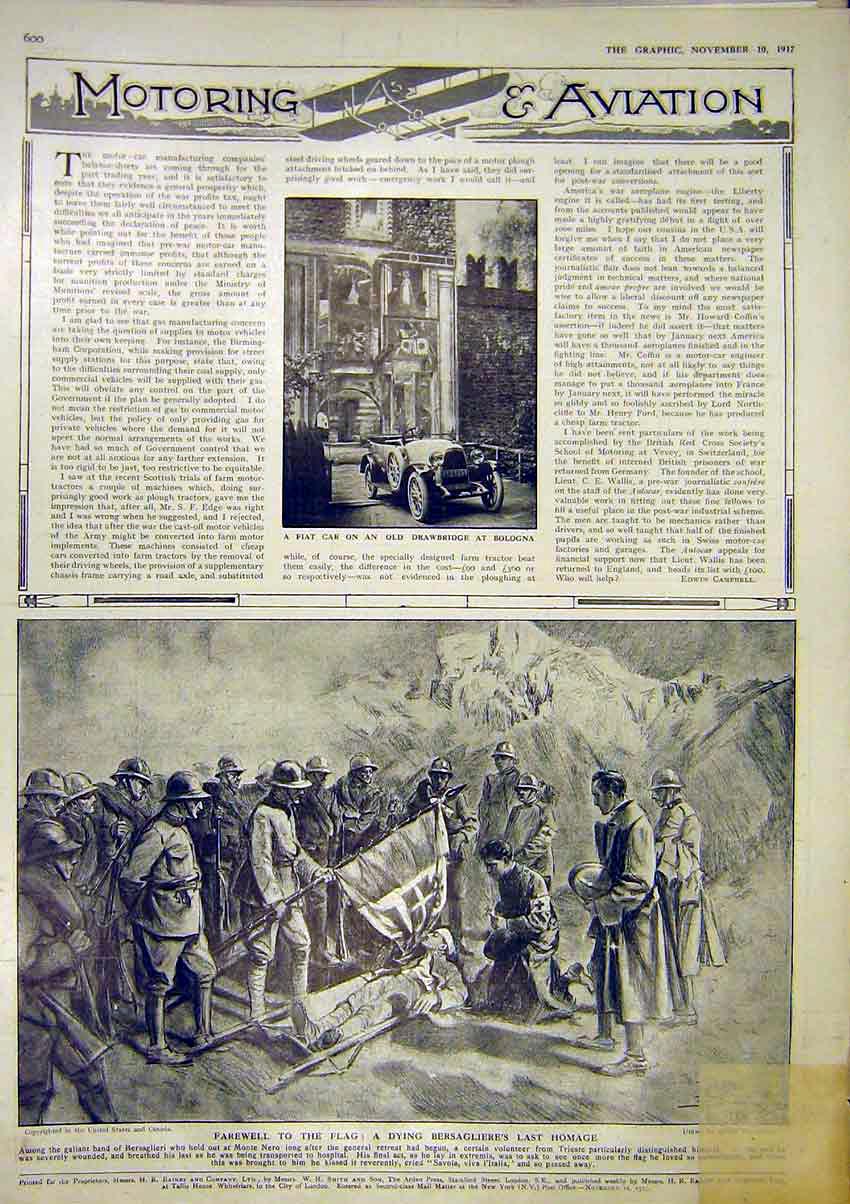 Old Vintage Print Motor Fiat Car Bologna Flag Bersagliere Monte Nero 1917 20th