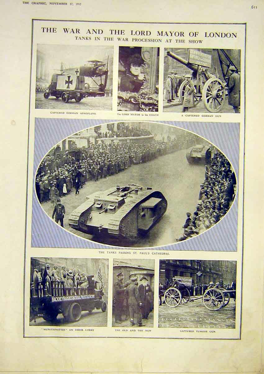 Original Old Vintage Print War Lord Mayor London Tanks Procession Aeroplane 1917