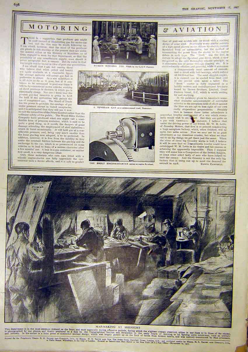 Original Old Antique Print Motor War Women Cav Factory Sunbeam Brolt Map-Making