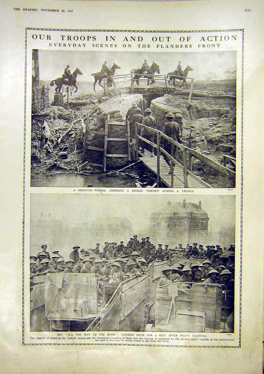 Original Old Vintage Print Troops Flanders Front War Patrol Trench London 1917