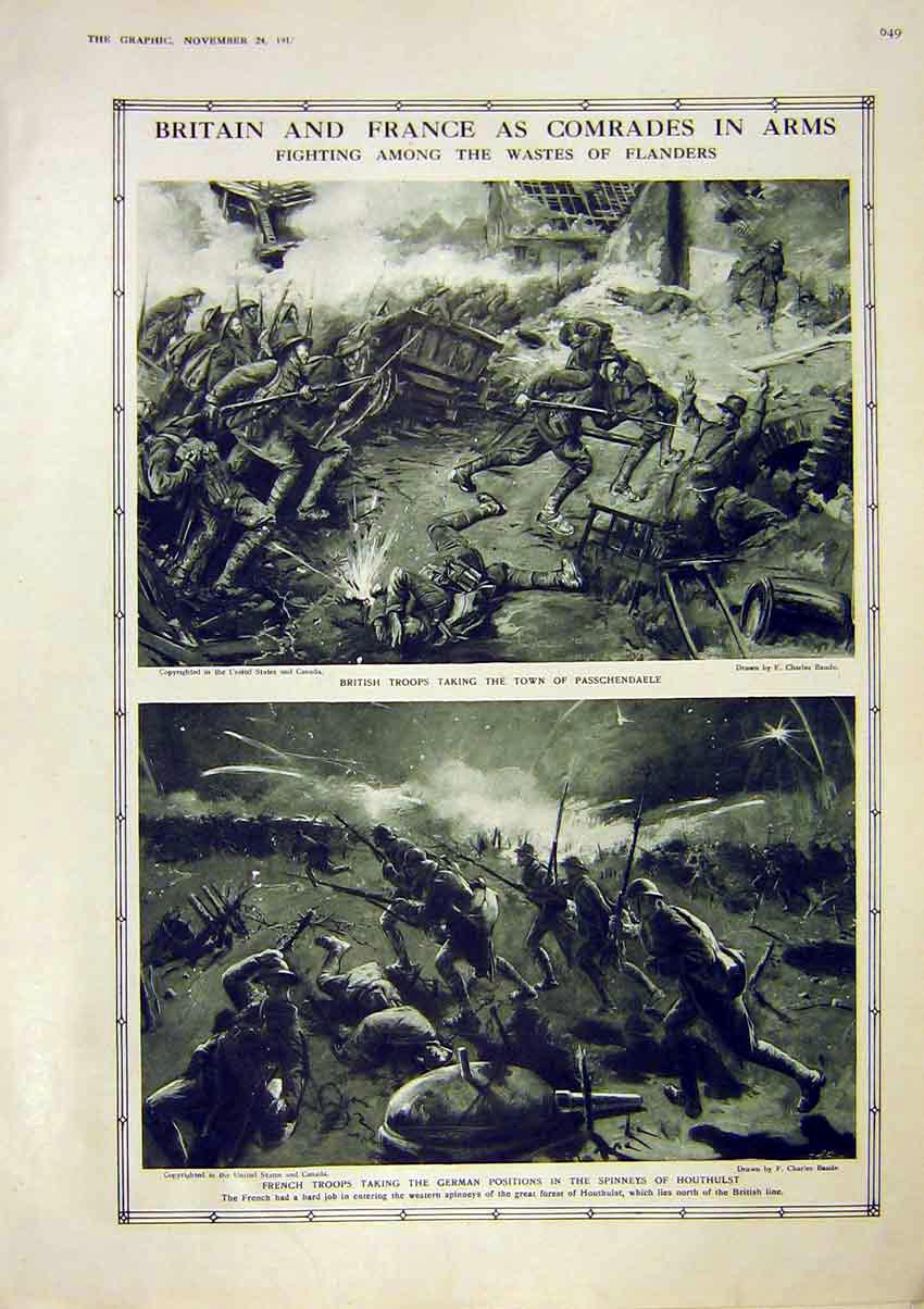Old Vintage Print Britain France Troops British French Flanders War 1917 20th