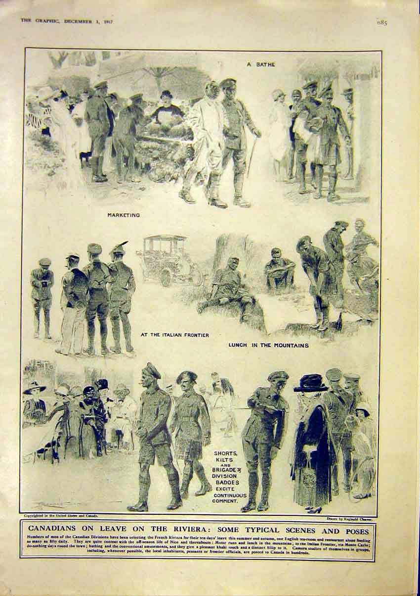 Original Old Vintage Print Canadaians Riviera Siers Troops Cleaver Sketch 1917