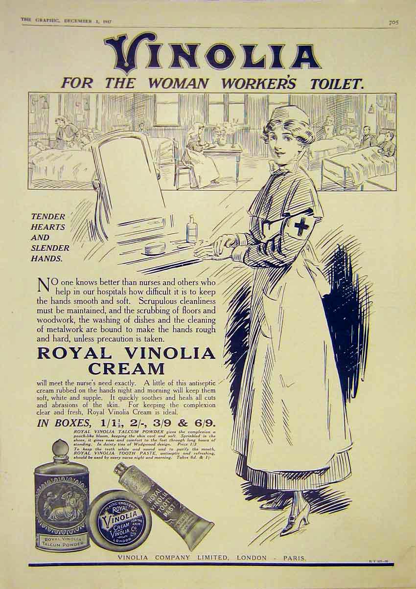 Original Old Vintage Print Vinolia Royal Cream Woman Toilet Nurse Advert 1917