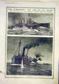 Original Old Vintage Print Submarine Navy Merchant Cruiser Ship Admiralty 1917