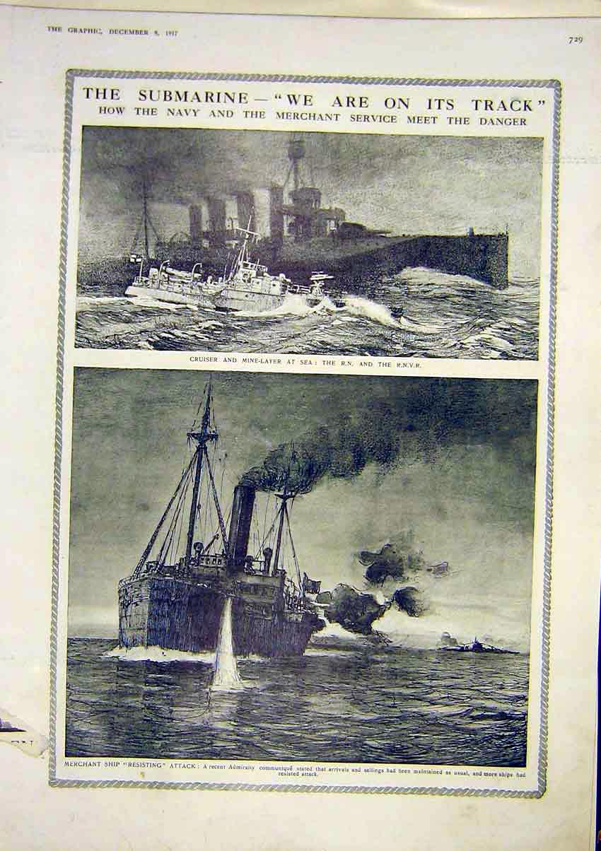 Original Old Vintage Print Submarine Navy Merchant Cruiser Ship Admiralty 1917