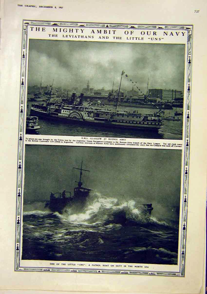 Original Old Vintage Print Navy Leviathan Hms Glascow Buenos Aires Boat 1917