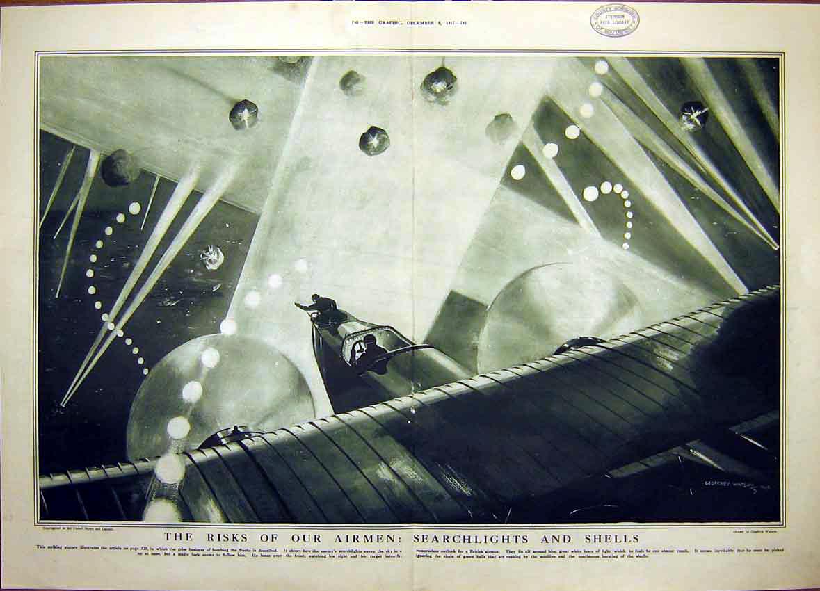 Old Vintage Print Naval Plane Palestine Aeroplane Airmen Searchlight 1917 20th