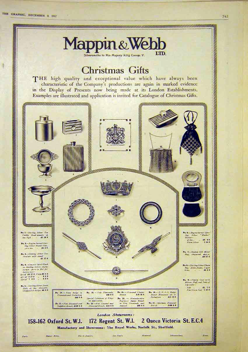 Original Old Vintage Print Mappin Webb Advert Christmas Gifts Silver 1917 20th