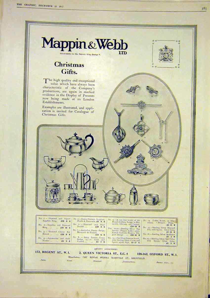 Original Old Vintage Print Mappin Webb Advert Christmas Gifts 1917 20th Century