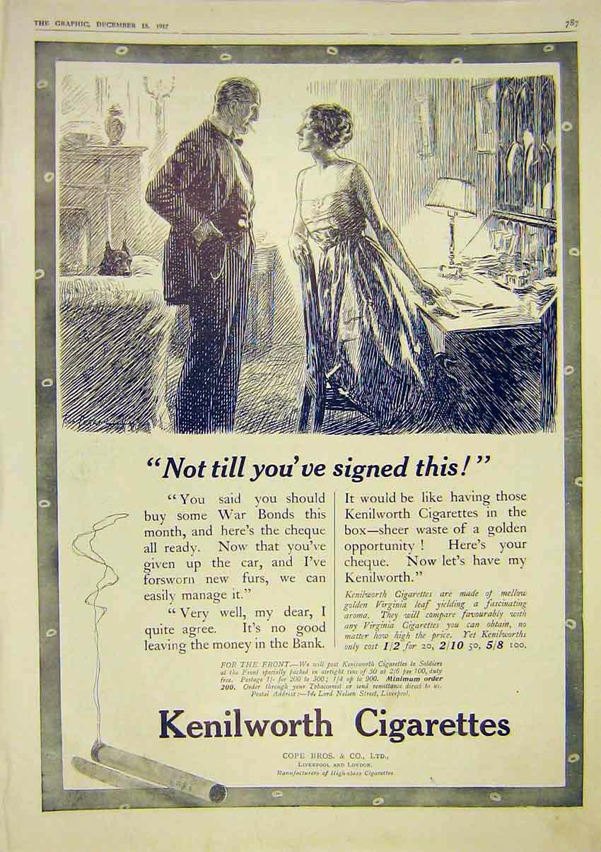 Original Old Vintage Print Advert Kenilworth Cigarettes Cope Bros 1917 20th