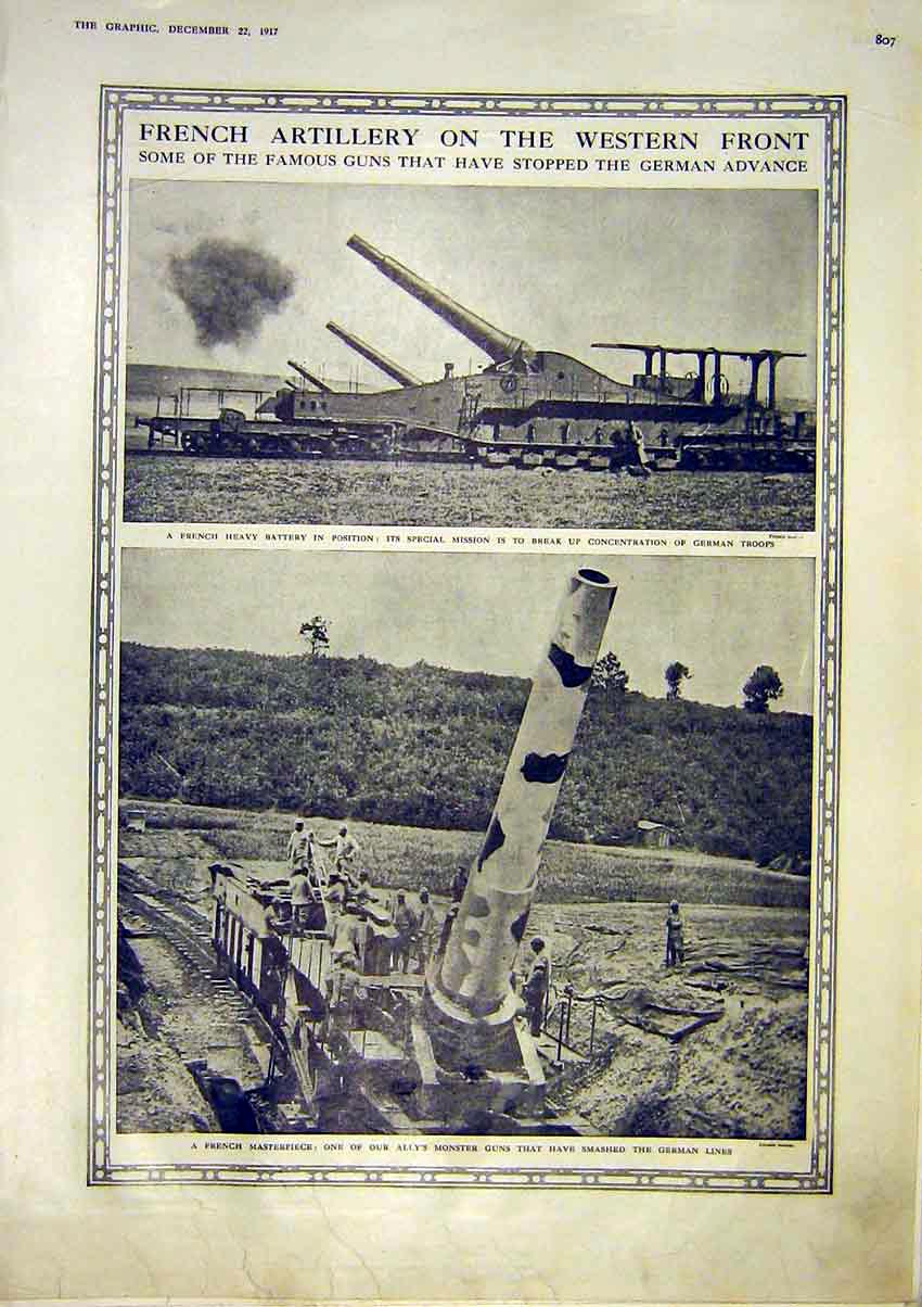 Original Old Vintage Print French Artillery Guns Battery German Troops 1917 20th