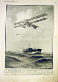 Original Old Vintage Print Aeroplane U-Boat Patrol Sea Air Sea-Planes 1917 20th